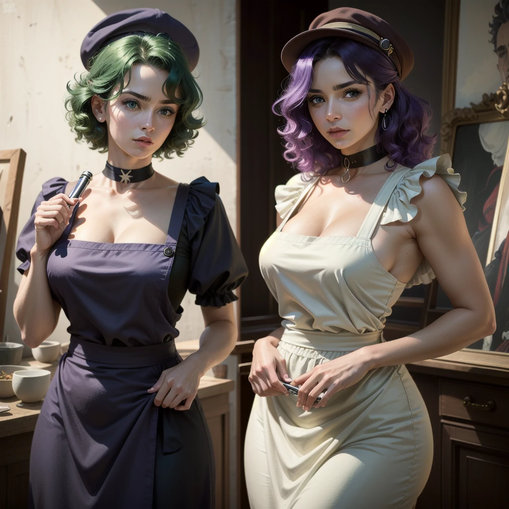 (best quality,highres),(realistic:1.37),(portrait),(studio lighting), ,solo mature woman,curvy, medium breasts, curvy bum ,curly purple hair, bright blue eyes,full lips, seductive, choker, painter's apron,painter's hat, dressed in a gothic-style sexy dress, weilding duel green lightsaber