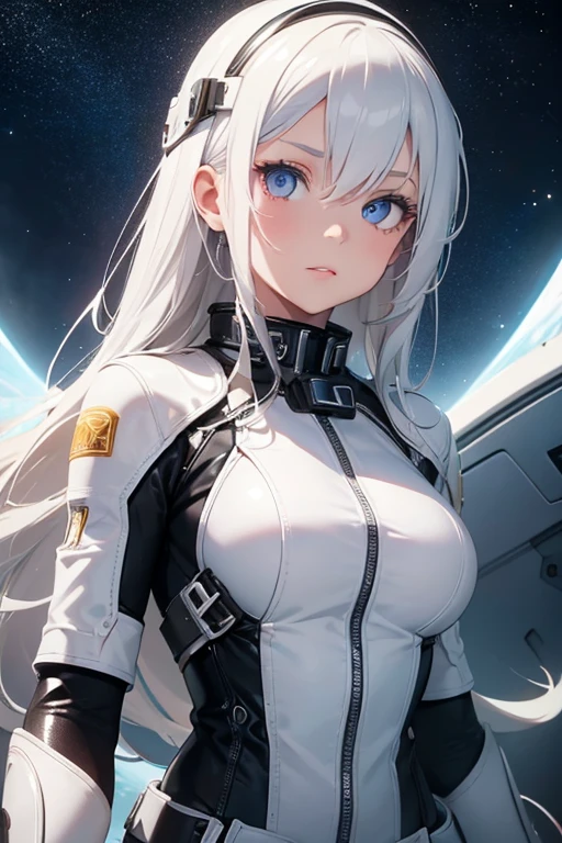 1 girl, , white hair, amber eyes, beautiful detailed eyes, beautiful detailed lips, extremely detailed face, long eyelashes, wearing a white motorcycle leather outfit and a white motorcycle helmet with built in ai, floating in space, celestial stars, galaxy background, volumetric lighting, cinematic composition, dramatic lighting, glowing, ethereal, highly detailed, 8k, photorealistic, professional digital art