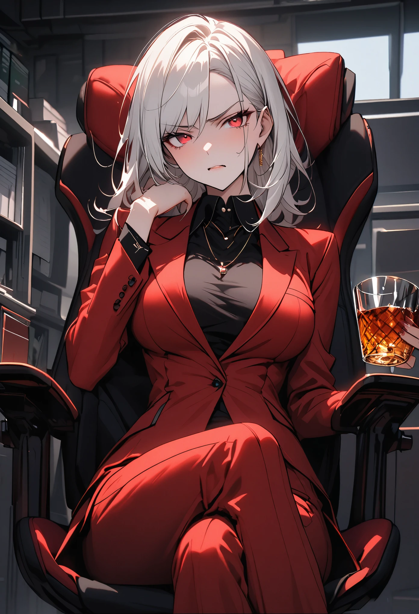 solo female, short white hair, red eyes, stern expression, large breasts, female ceo, office, futuristic, simple elegance, elegant clothes, conservative business suit, necklace, broad shoulders, fit, close up, sitting, plush red office chair, crossed legs, high heels, holding whisky glass