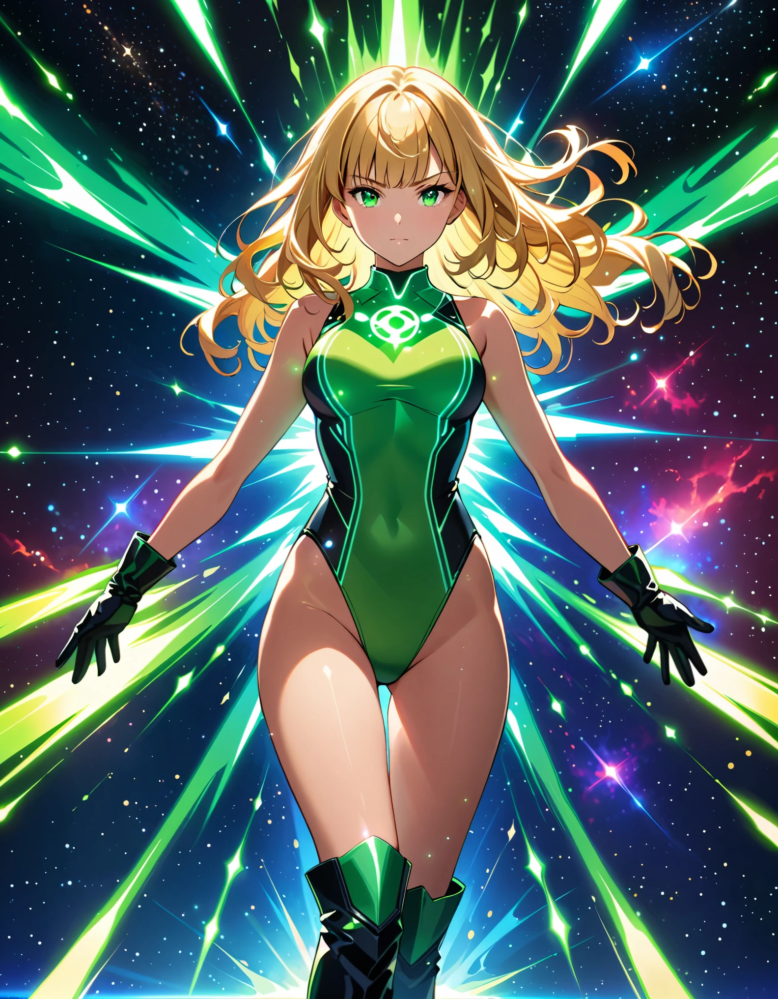 Create an image of a girl, wearing a sleeveless leotard, bare legs, medium breasts, and (matching gloves and boots). she is a (blonde with bangs, and green eyes), wearing a (vibrant green leotard) with a (taurus\(astrological sign\) (symbol) on her chest). she is standing with legs apart and raised arms, each surrounded by a glowing aura. outer space backdrop, cowboy shot, serious. masterpiece, best quality, hires. diffraction spikes, light particles.