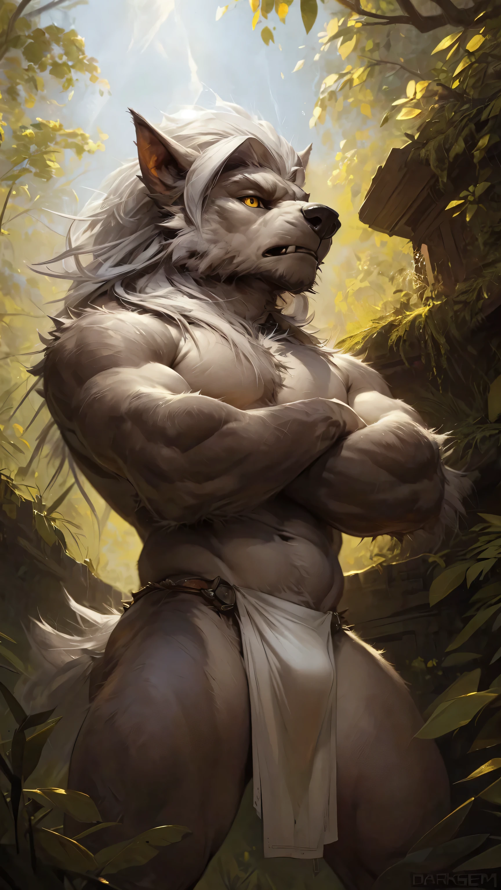 ultra-detailed, masterpiece, masterwork, high quality, best quality, hdr, posted on e621, (by darkgem), (nature), nsfw, male, solo, chibi, (little body werewolf), werewolf, (long silver hair, yellow eyes, white body, cross your arms), standing, dynamic angle, (bulging white loincloth)