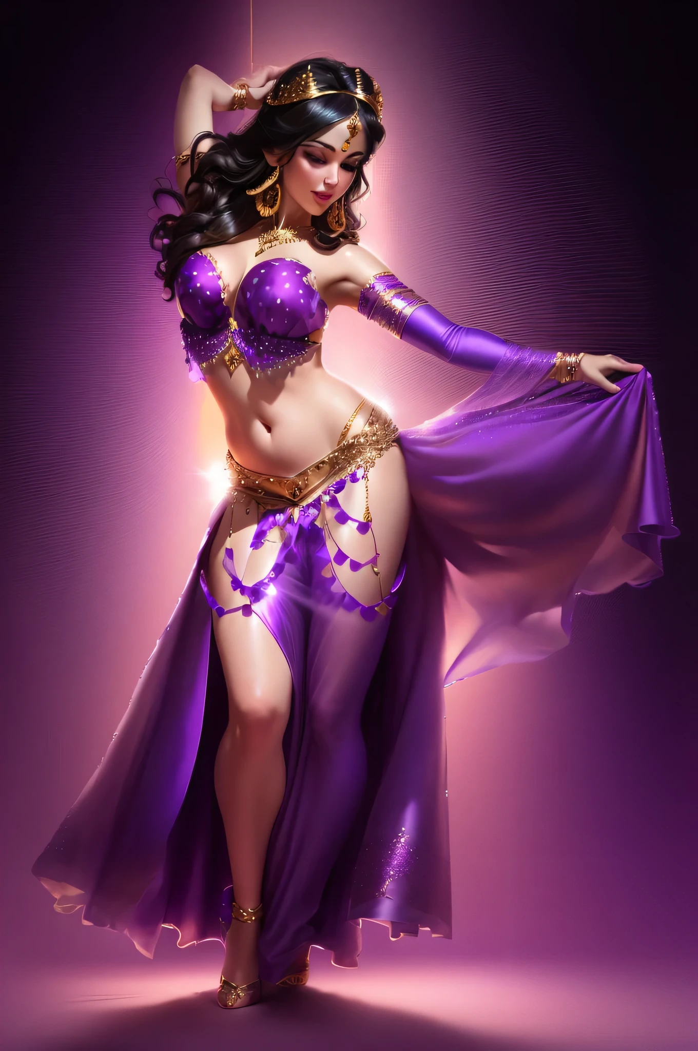 a woman in a purple dress is dancing with her arms outstretched, belly dancing, she is dressed as a belly dancer, she is dancing. realistic, gracefully belly dancing pose, costume desig, arabian princess, full body image, full body illustration, beautiful genie girl, arabian, fullbody commission for, fantasy outfit, jeweled costume, art cover illustration