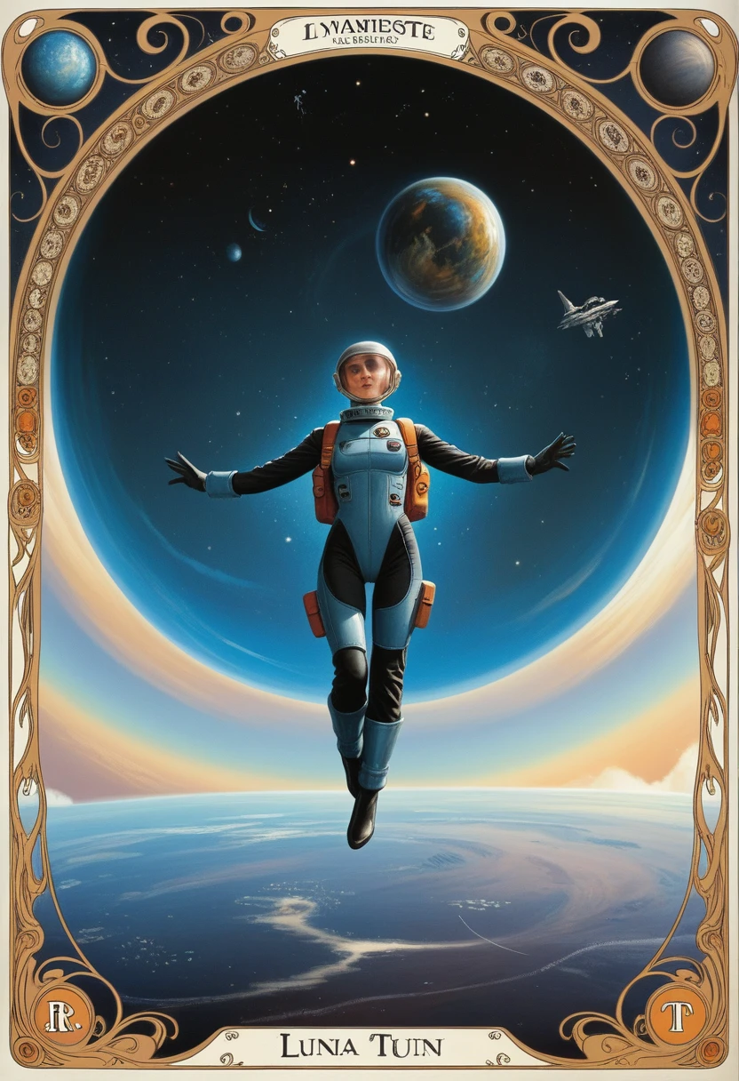 (masterpiece, top quality, best quality, official art, beautiful and aesthetic),1 girl in pilotsuit in a retro spacecraft,(full body),symmetry,backpack rocket,hovering in air,lunar,helmet,gloves,boots,cutout bodysuit,spaceship in space,dark white,light azure,yellow,tarot,