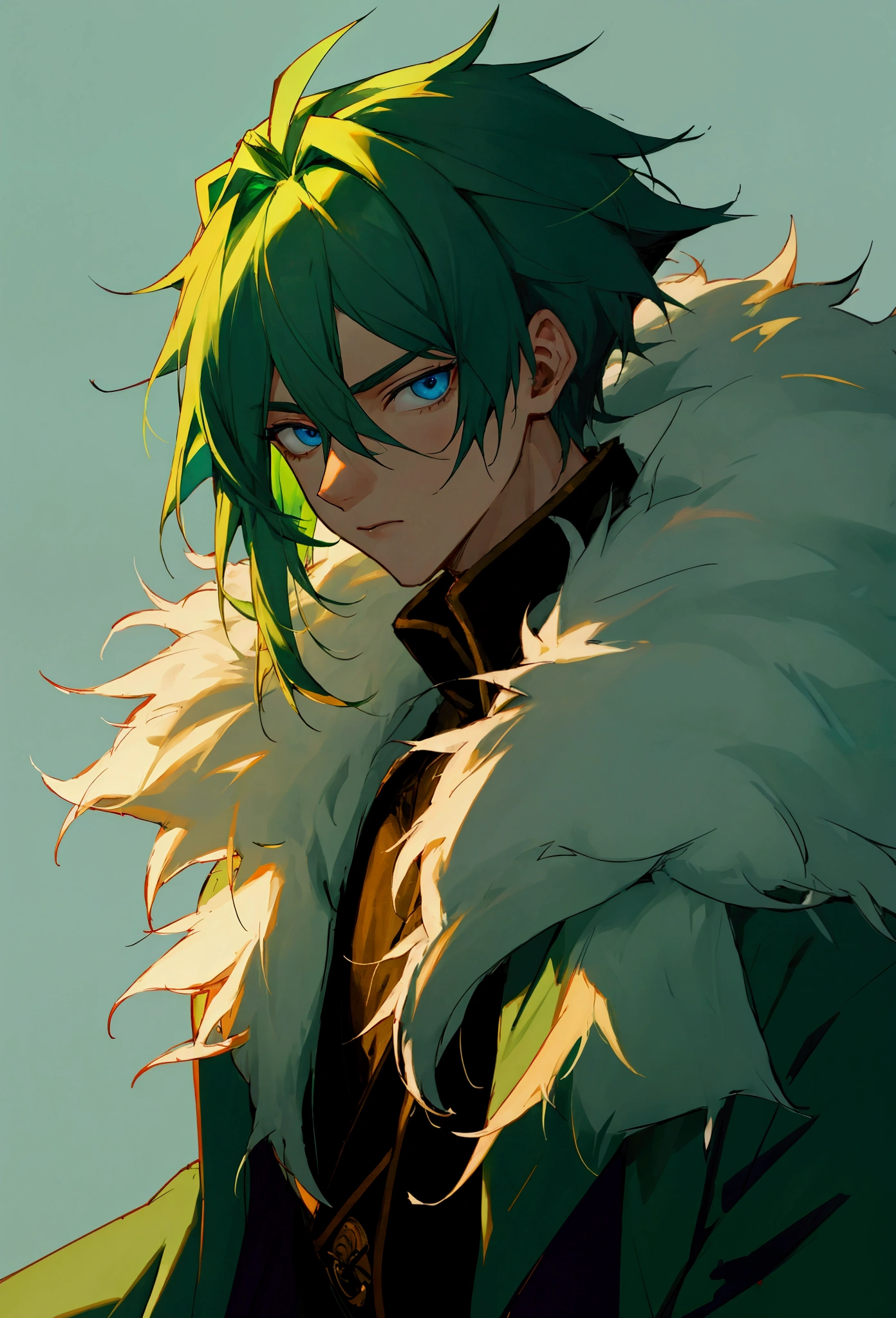 Male, Young adult, Green Hair, Blue Eyes, Fur coat