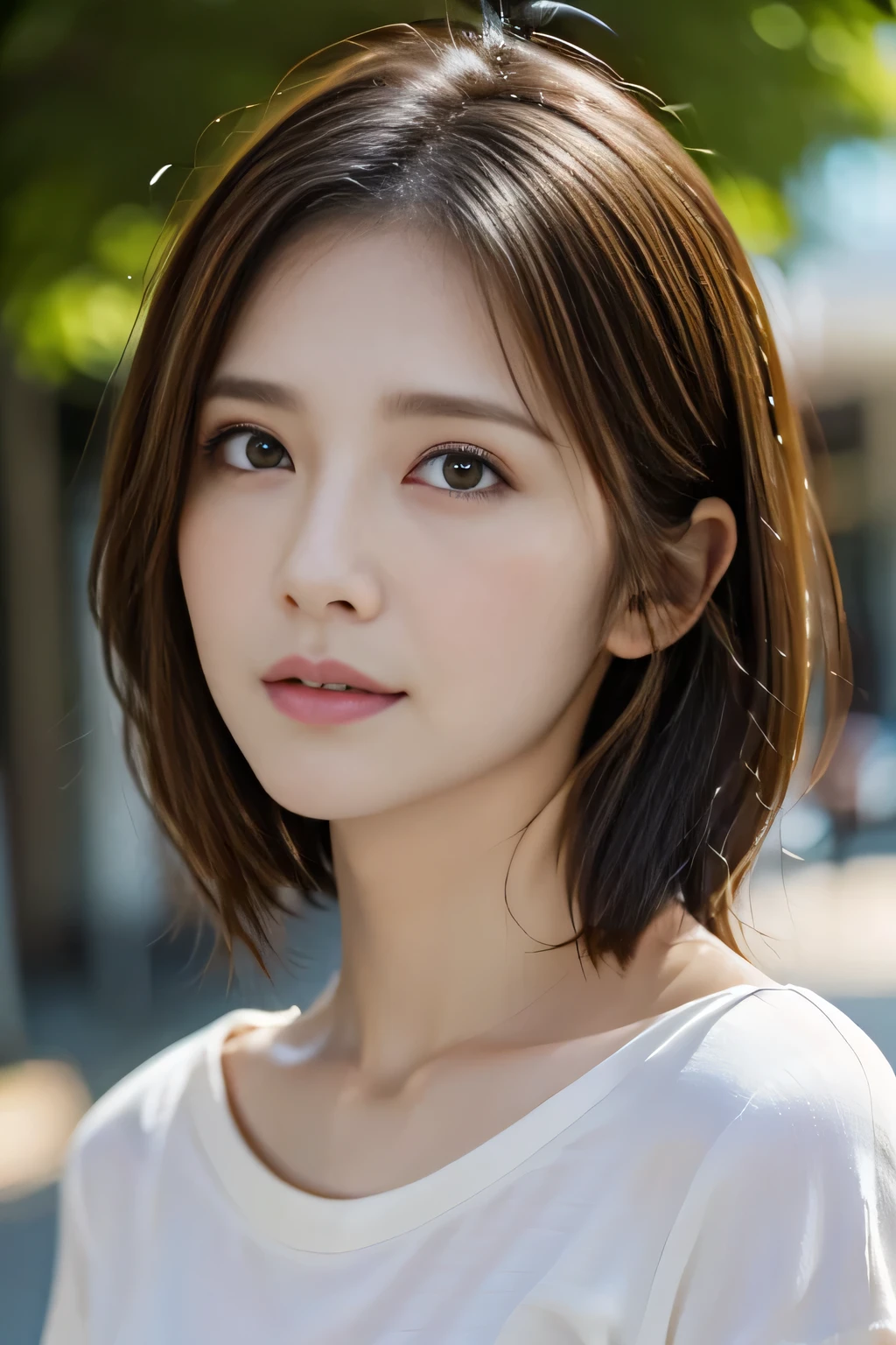 Plain white T-shirt、light brown hair, widow's peak, tareme, amber eyes, wide eyes, open mouth, panicking, depth of field, first-person view, uhd, anatomically correct, textured skin, super detail, best quality