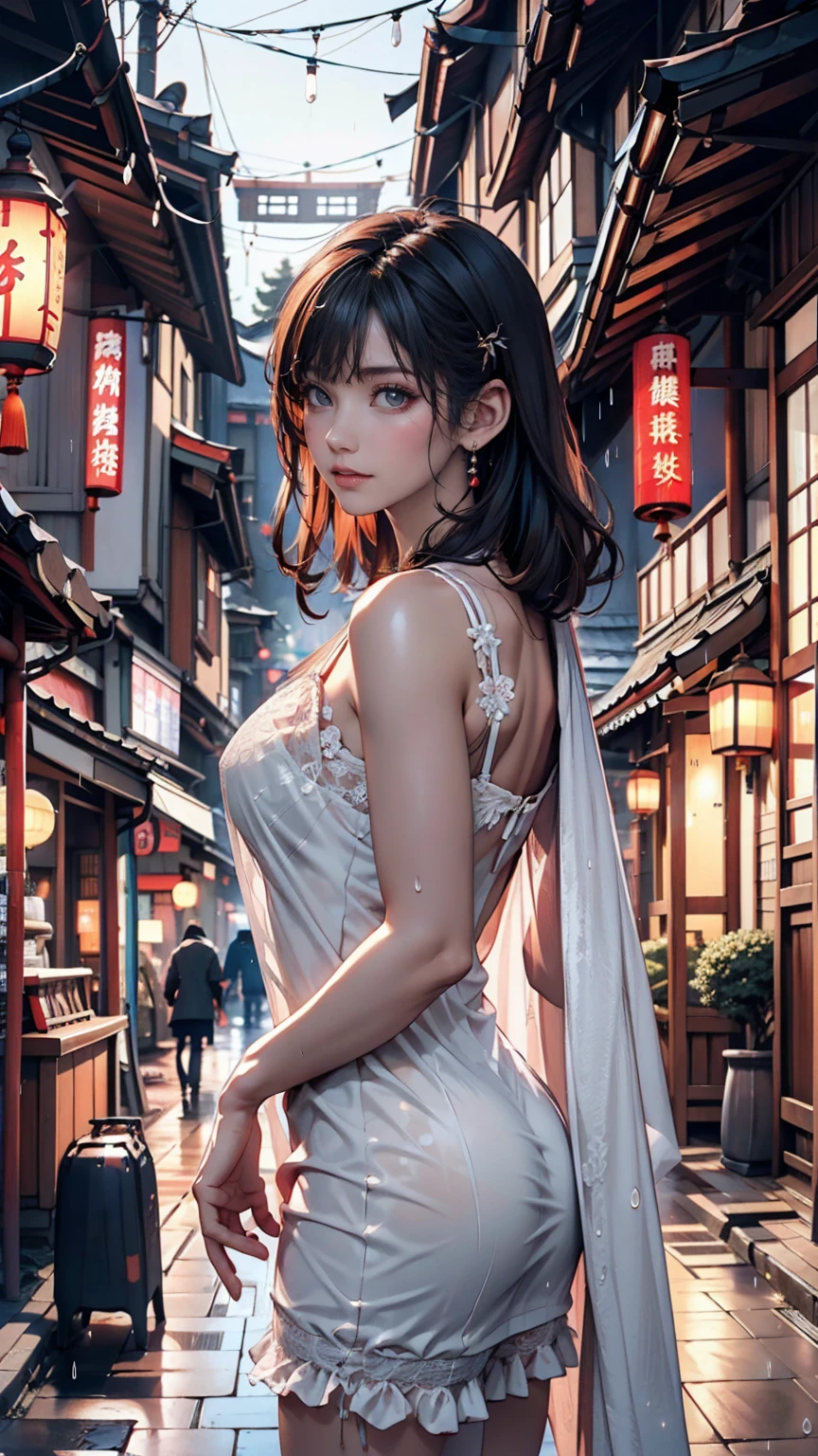 A view of the village with many lights on the buildings, Dreamy city in China, Chinese Village, Awesome Wallpapers, Japanese Street, Japanese Village, 超リアルな町のphotograph, Old Asian Village, Japanese cities, Raymond Han, Rainy night, Cyberpunk Chinese Ancient Castle, beautifully照らされた建物, Rainy Evening, beautifully、aesthetic, photograph, Cinematic, 8k, Detailed ((heavy rain)))、A 24-year-old woman、Sheer chemise dress((chemise dress))、A sheer cape（Swaying in the Wind)、Vertical roll on one side((side drill))（Swaying in the Wind)