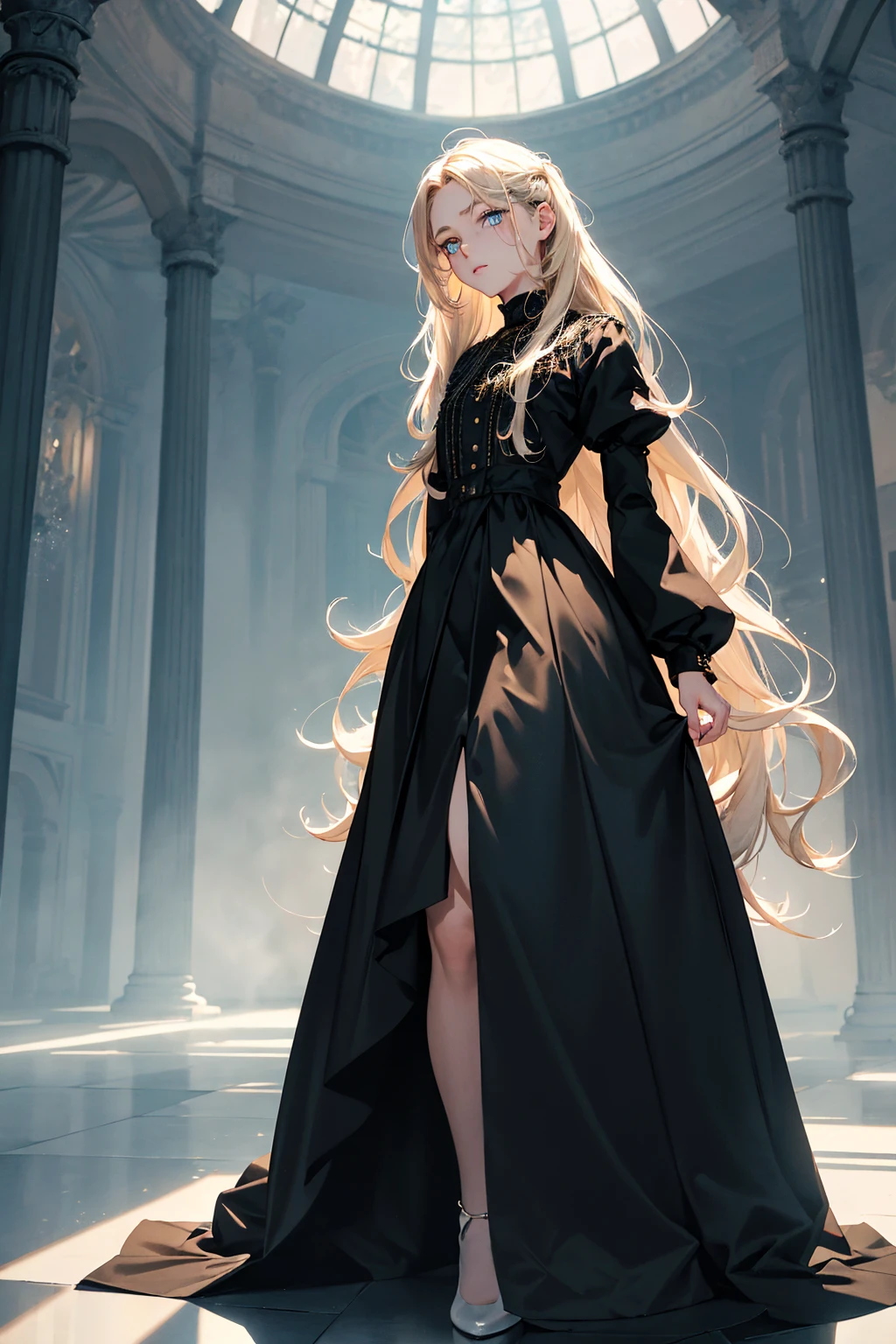 best quality,masterpiece,ultra detailed,Add layer,detailed eyes,slim,skinny,slim legs,small hips,1 girl,
,Horror,slim breast,
(heterochromia,Yellow eye,blue eye),((big eyes)),slant eyes,upturned eyes,glowing eyes,
(hair over one eye),long hair,Ash blonde,wavy hair,shiny hair,silky hair,((extra long sideburns)),
expressionless,looking up,
black,peasant dress,(long skirt),pantyhose,
standing,Full body,contrapposto,
(Mist:1.6),Europe architecture,low brightness,