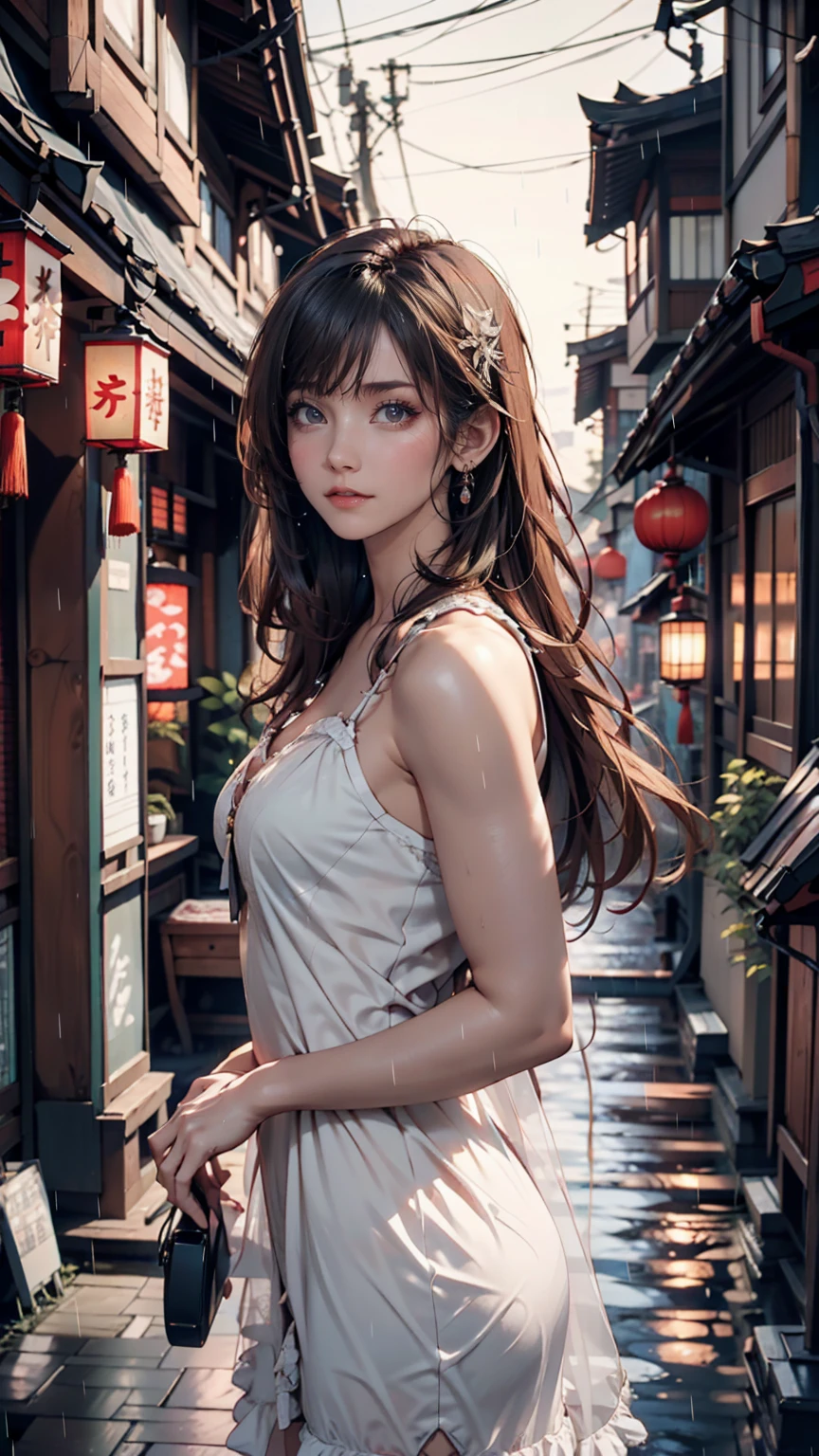 A view of the village with many lights on the buildings, Dreamy city in China, Chinese Village, Awesome Wallpapers, Japanese Street, Japanese Village, 超リアルな町のphotograph, Old Asian Village, Japanese cities, Raymond Han, Rainy night, Cyberpunk Chinese Ancient Castle, beautifully照らされた建物, Rainy Evening, beautifully、aesthetic, photograph, Cinematic, 8k, Detailed ((heavy rain)))、A 24-year-old woman、Sheer chemise dress((chemise dress))、A sheer cape(Swaying in the Wind)、Vertical roll on one side((side drill))(Swaying in the Wind)