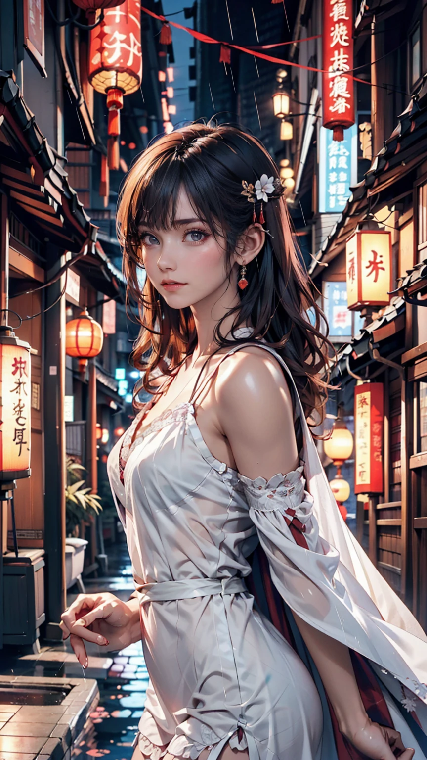 A view of the village with many lights on the buildings, Dreamy city in China, Chinese Village, Awesome Wallpapers, Japanese Street, Japanese Village, 超リアルな町のphotograph, Old Asian Village, Japanese cities, Raymond Han, Rainy night, Cyberpunk Chinese Ancient Castle, beautifully照らされた建物, Rainy Evening, beautifully、aesthetic, photograph, Cinematic, 8k, Detailed ((heavy rain)))、A 24-year-old woman、Sheer chemise dress((chemise dress))、A sheer cape(Swaying in the Wind)、Vertical roll on one side((side drill))(Swaying in the Wind)