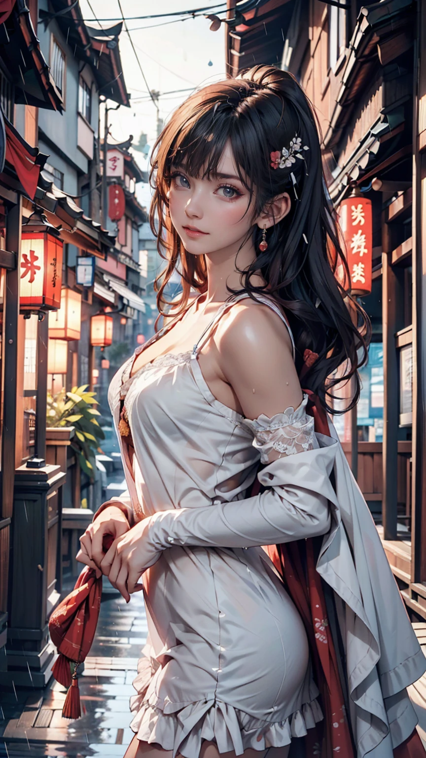 A view of the village with many lights on the buildings, Dreamy city in China, Chinese Village, Awesome Wallpapers, Japanese Street, Japanese Village, 超リアルな町のphotograph, Old Asian Village, Japanese cities, Raymond Han, Rainy night, Cyberpunk Chinese Ancient Castle, beautifully照らされた建物, Rainy Evening, beautifully、aesthetic, photograph, Cinematic, 8k, Detailed ((heavy rain)))、A 24-year-old woman、Sheer chemise dress((chemise dress))、A sheer cape(Swaying in the Wind)、Vertical roll on one side((side drill))(Swaying in the Wind)