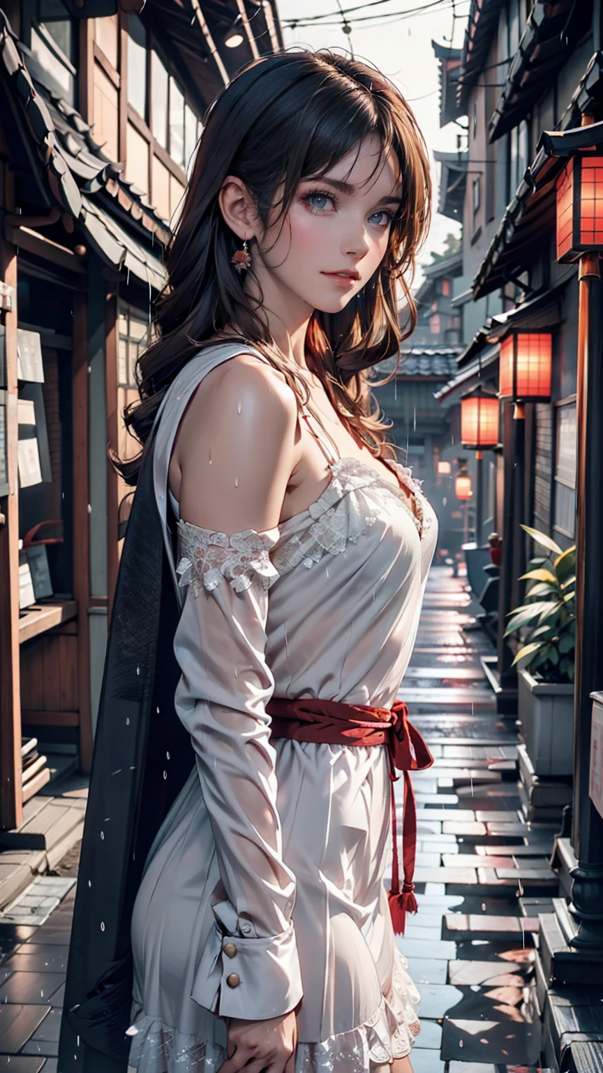 A view of the village with many lights on the buildings, Dreamy city in China, Chinese Village, Awesome Wallpapers, Japanese Street, Japanese Village, 超リアルな町のphotograph, Old Asian Village, Japanese cities, Raymond Han, Rainy night, Cyberpunk Chinese Ancient Castle, beautifully照らされた建物, Rainy Evening, beautifully、aesthetic, photograph, Cinematic, 8k, Detailed ((heavy rain)))、A 24-year-old woman、Sheer chemise dress((chemise dress))、A sheer cape（Swaying in the Wind)、Vertical roll on one side((side drill))（Swaying in the Wind)