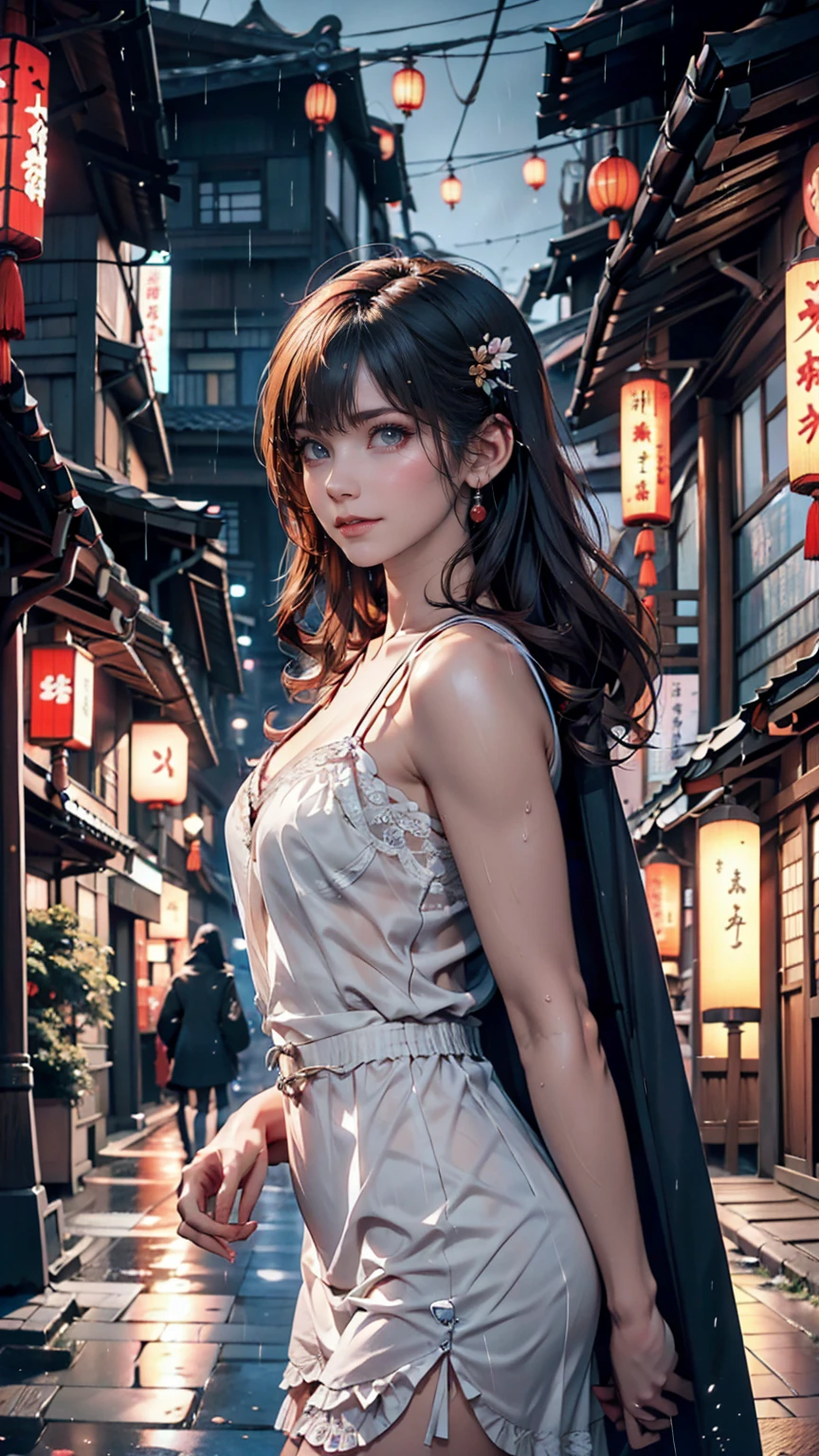 A view of the village with many lights on the buildings, Dreamy city in China, Chinese Village, Awesome Wallpapers, Japanese Street, Japanese Village, 超リアルな町のphotograph, Old Asian Village, Japanese cities, Raymond Han, Rainy night, Cyberpunk Chinese Ancient Castle, beautifully照らされた建物, Rainy Evening, beautifully、aesthetic, photograph, Cinematic, 8k, Detailed ((heavy rain)))、A 24-year-old woman、Sheer chemise dress((chemise dress))、A sheer cape(Swaying in the Wind)、Vertical roll on one side((side drill))(Swaying in the Wind)