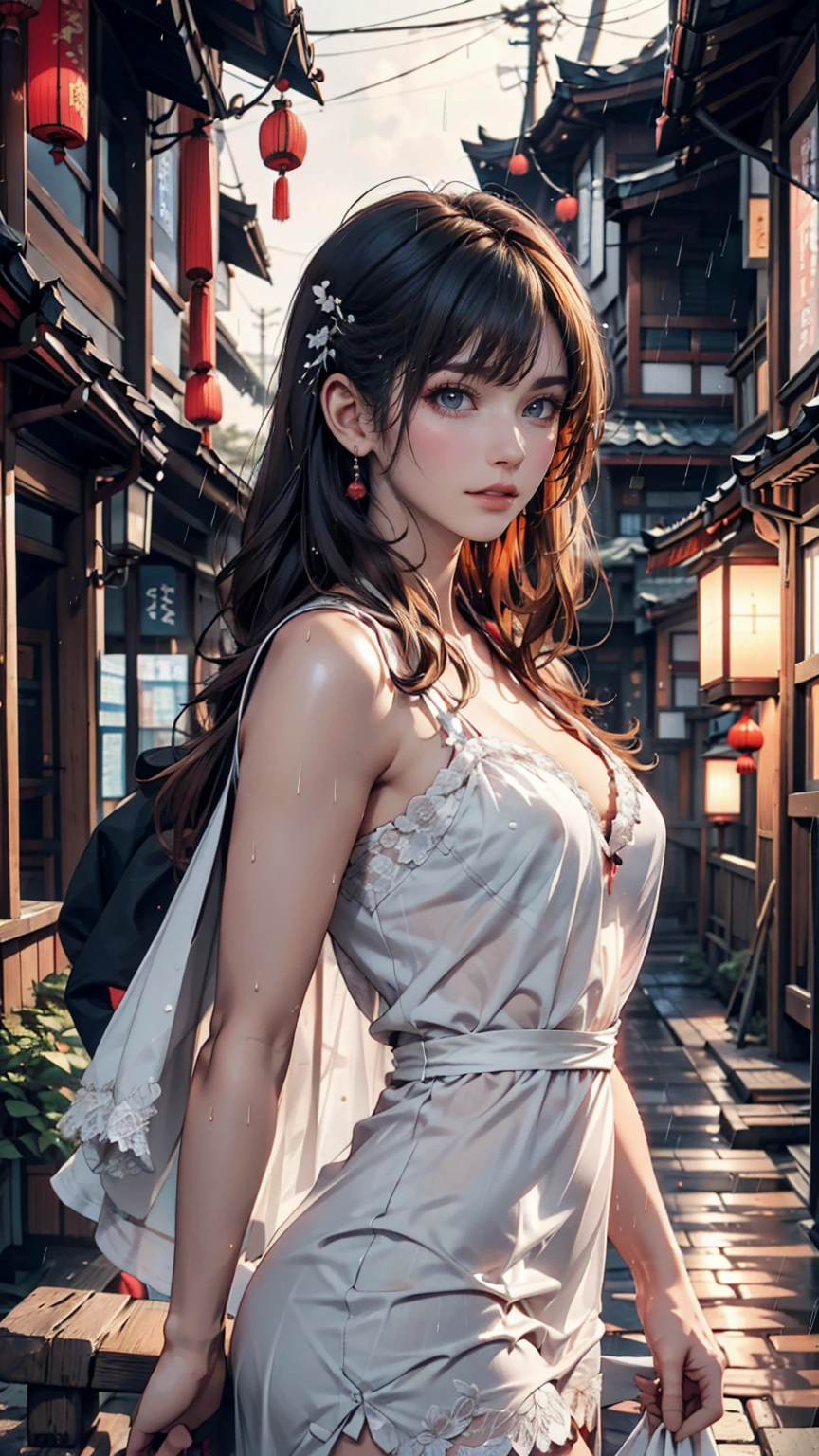 A view of the village with many lights on the buildings, Dreamy city in China, Chinese Village, Awesome Wallpapers, Japanese Street, Japanese Village, 超リアルな町のphotograph, Old Asian Village, Japanese cities, Raymond Han, Rainy night, Cyberpunk Chinese Ancient Castle, beautifully照らされた建物, Rainy Evening, beautifully、aesthetic, photograph, Cinematic, 8k, Detailed ((heavy rain)))、A 24-year-old woman、Sheer chemise dress((chemise dress))、A sheer cape（Swaying in the Wind)、Vertical roll on one side((side drill))（Swaying in the Wind)