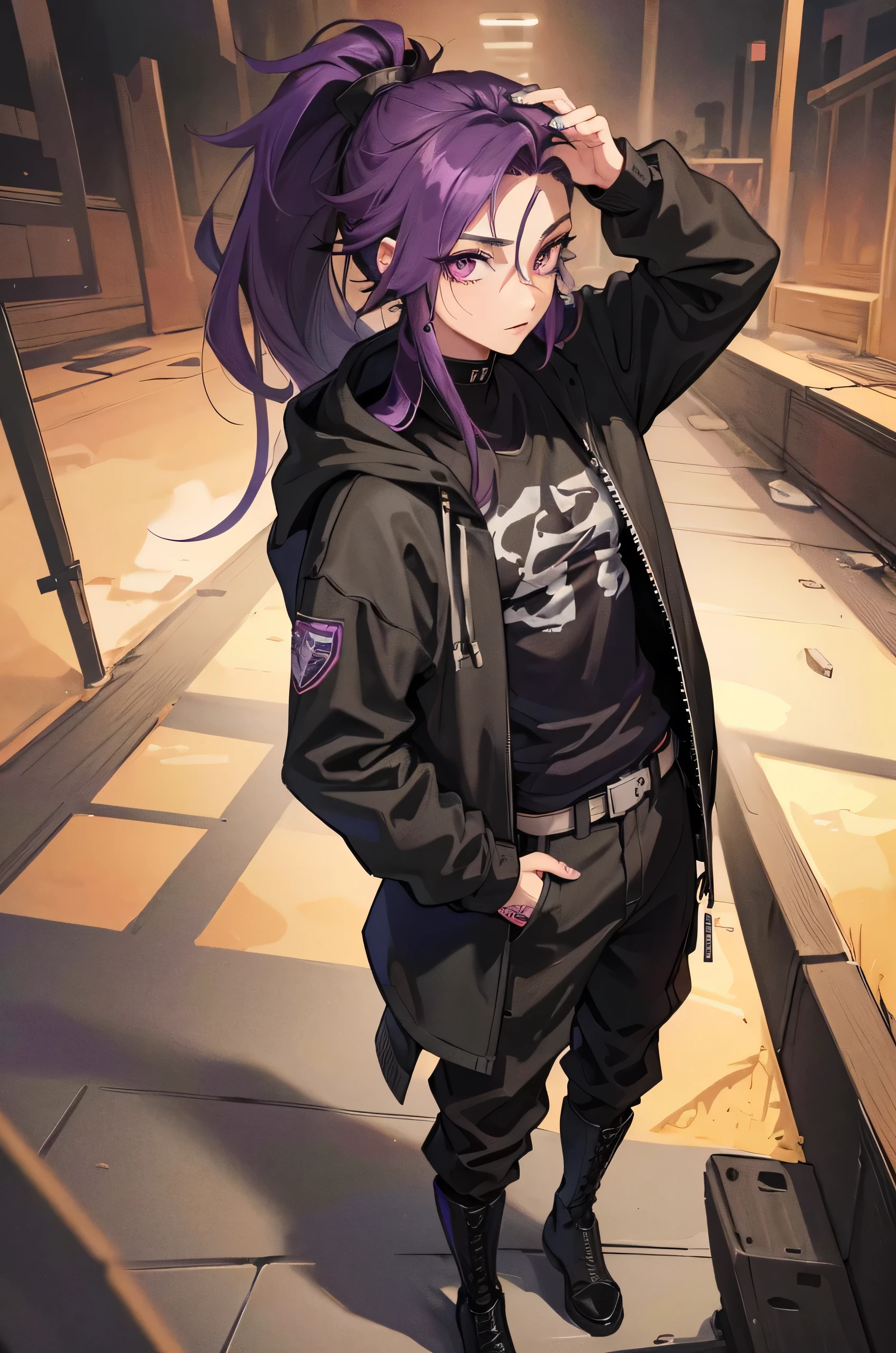 Male, tall, half black half purple hair, hair in a ponytail, scar all over he's body, black cargo pants, black combat boots, black hoodie, white shirt, Tattoos All over the body, A purple eye, a golden eye, alone, forest background