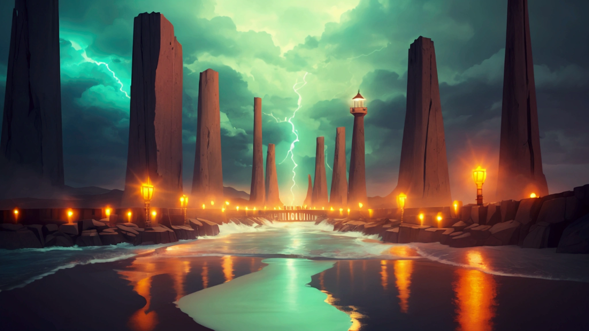 "Description: Create a visual that represents navigating uncertain times with confidence and purpose.
Details:
Imagery: Show a person or group walking confidently through a storm or challenging landscape, with a guiding light or beacon ahead. Include elements like sturdy paths or bridges to symbolize stability and guidance.
Color Scheme: Use bold and reassuring colors like deep blues and greens to convey strength and assurance.
Background Elements: Incorporate elements like a lighthouse or a guiding star to represent direction and hope amidst uncertainty."