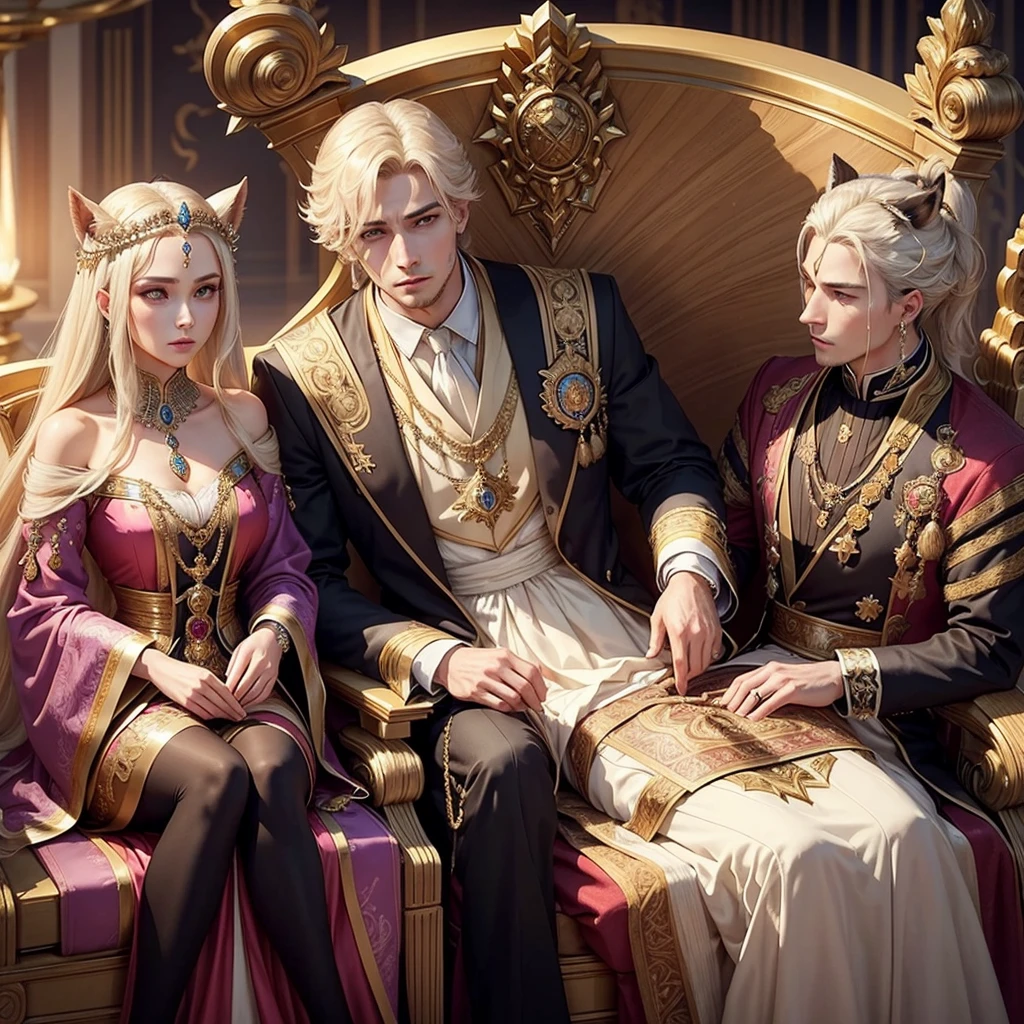 Make me a hybrid male king and female queen, elegant, expensive and colorful clothes, I want something elegant that represents the monarchy, they need to have animal ears and a delicate face, they need to have a tail and a serious face, straight couple sitting on royal thrones