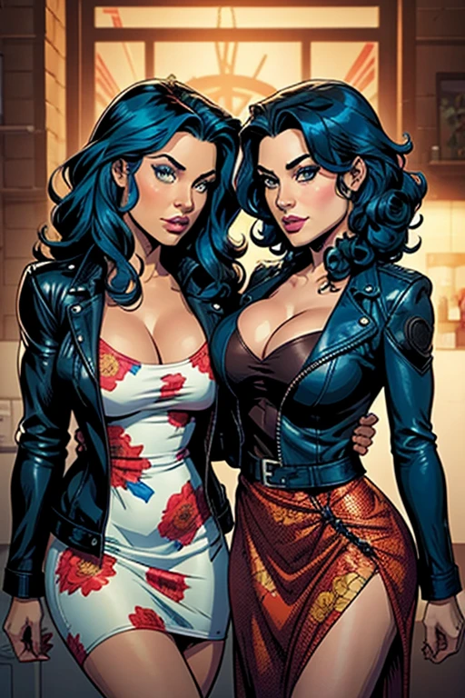 blue curly hair. Deep dark and energetic coffee eyes. She wears a floral dress and a leather jacket.. busty. comic style, Marvel Comics( Two lesbians)