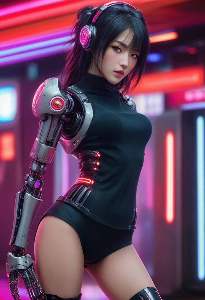 xxmixgirl. Highly detailed professional 35mm film, bokeh, face in sharp focus. A robotic female, Miku, with ((metal skin)), ((perfect Asian eyes)) with magenta irises and ((black pupils)), beautiful serious (detailed face), 18 year old ((photorealistic face)), very long magenta twin tails of magenta hair, twin black hair ties with a single red stripe. She may have a black audio headpiece. We can see her ((full body)) down to her boot soles. Her outfit is a sleeveless collared light grey shirt, outlined in red around the frilled collar and hems. Shiny reflective ((metallic breast cups, dimpleless)), invisible nipples. She wears black sleeves with red hems that start around her upper arm and bellow out as the sleeves open and extend to her wrists, with wide trumpet red rimmed cuffs. She has perfect robotic (detailed hands). She wears a red colored tie with two horizontal solid parallel black lines halfway across. She wears a fabric black skirt with a horizontal red hem at the bottom all the way around; her (((black skirt wraps around her))) and ((her skirt completely covers)) her robotic waist and thighs. Tall black boots with red bottom soles, a red rim around the top at her thighs. Her mechanical shoulder joints are visible. We can see her robotic legs and robotic neck. Half of her is covered with shiny polished machinery. The background is a distant dark neon futuristic Japanese city, gold, cyan, violet neon, near harbor or mountains.