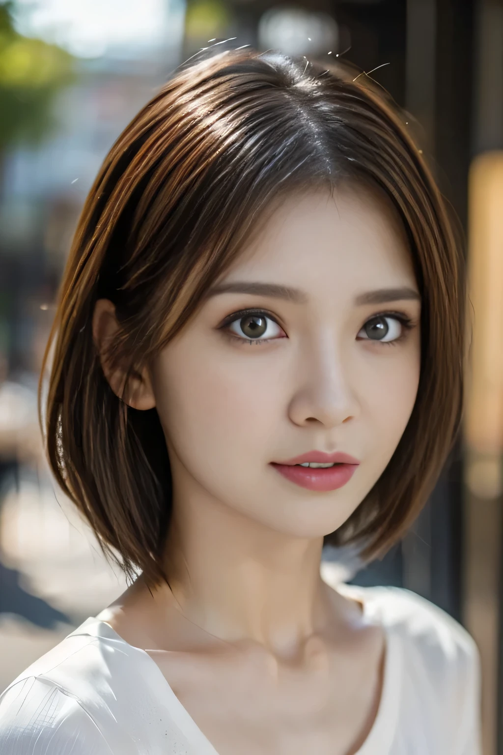 Plain white T-shirt、light brown hair, widow's peak, tareme, amber eyes, wide eyes, open mouth, (Surprised face:1.2), depth of field, first-person view, uhd, anatomically correct, textured skin, super detail, best quality