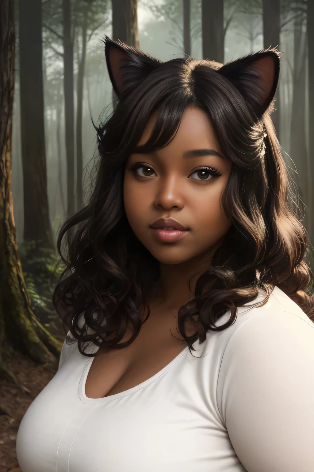 illustration semi-realistic of dark brown skin latina girl, 25 year old, plus size, curvy, overweight, black eyes, black curly hair, big lips, anime, sleek design, cat ears, brown skin, dark skin, sideswept hairstyle, round face, fantasy clothing, forest background, wearing fantasy outfit, chubby face, very curly hair, black hair, chubby cheeks, chubby face, brown skin,