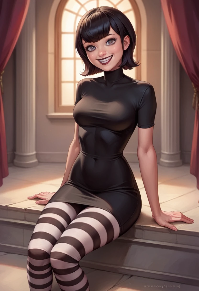 (Masterpiece artwork, best qualityer: 1.2), 2d style,  独奏, 1girl, mavis dracula, ssmile, gazing at viewer, black gown, striped thighs,(best quality,Realistic),(1woman:1.1),(dark haired,pose sexy,fully body,smiling),(very short tight dress),(very toned body,thick-thighs,breasts small), visible panties.