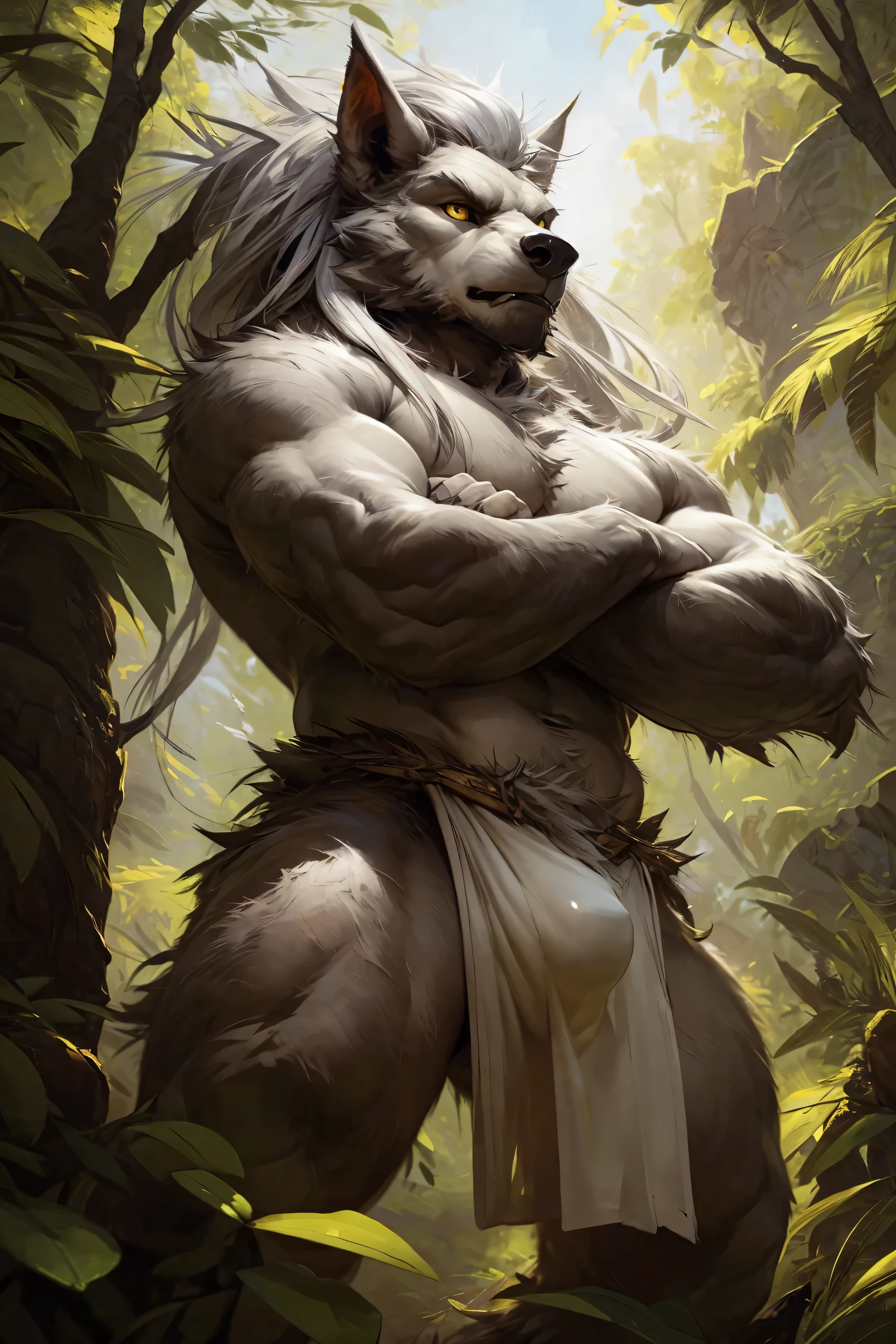 ultra-detailed, masterpiece, masterwork, high quality, best quality, hdr, posted on e621, (by darkgem), (nature), nsfw, male, solo, chibi, (little body werewolf), werewolf, (long silver hair, yellow eyes, white body, cross your arms), standing, dynamic angle, (bulge white loincloth)