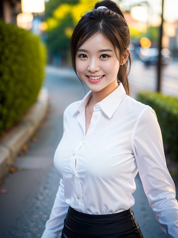 (a gorgeous lady, age 22, Formal OFFICE ATTIRE, WHITE SHIRT BUTTONS, GREY PENCIL SKIRT, (rain 1:1), walking naturally under night sky, dimpled cheeks, kind smile, short ponytail, cute snaggleteeth, ample round bosom, photorealistic, beautiful detailed face, beautiful detailed eyes, hyper-realism, high contrast, ultra HD, realistic skin textures, top image quality, top-quality, super high resolution, fine details, very meticulously, bokeh background, SFW)