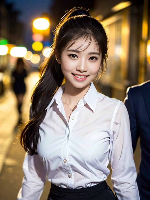 (a gorgeous lady, age 22, Formal OFFICE ATTIRE, WHITE SHIRT BUTTONS, GREY PENCIL SKIRT, (rain 1:1), walking naturally under night sky, dimpled cheeks, kind smile, short ponytail, cute snaggleteeth, ample round bosom, photorealistic, beautiful detailed face, beautiful detailed eyes, hyper-realism, high contrast, ultra HD, realistic skin textures, top image quality, top-quality, super high resolution, fine details, very meticulously, bokeh background, SFW)