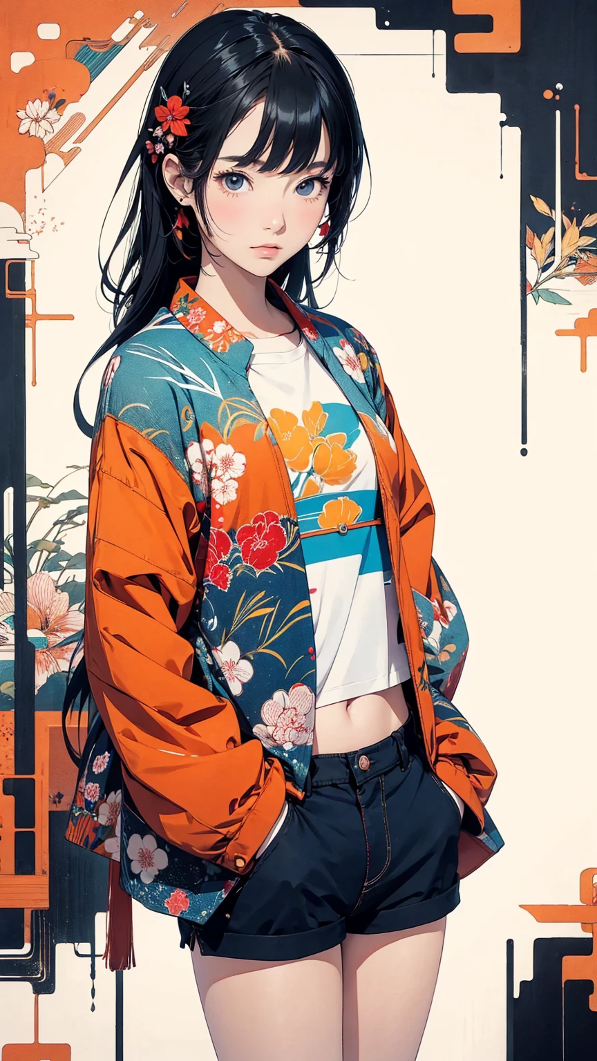 From above, 20-year-old woman, Hands in pockets, Coordination of Japanese pattern jacket and micro mini shorts:1.2, Petal Collage, abstract design, artistic juxtapositions, And handle background, warm color, mixed-media approach, Anime Style, Simple lines, Digital Painting, (masterpiece, High resolution, Highest quality)