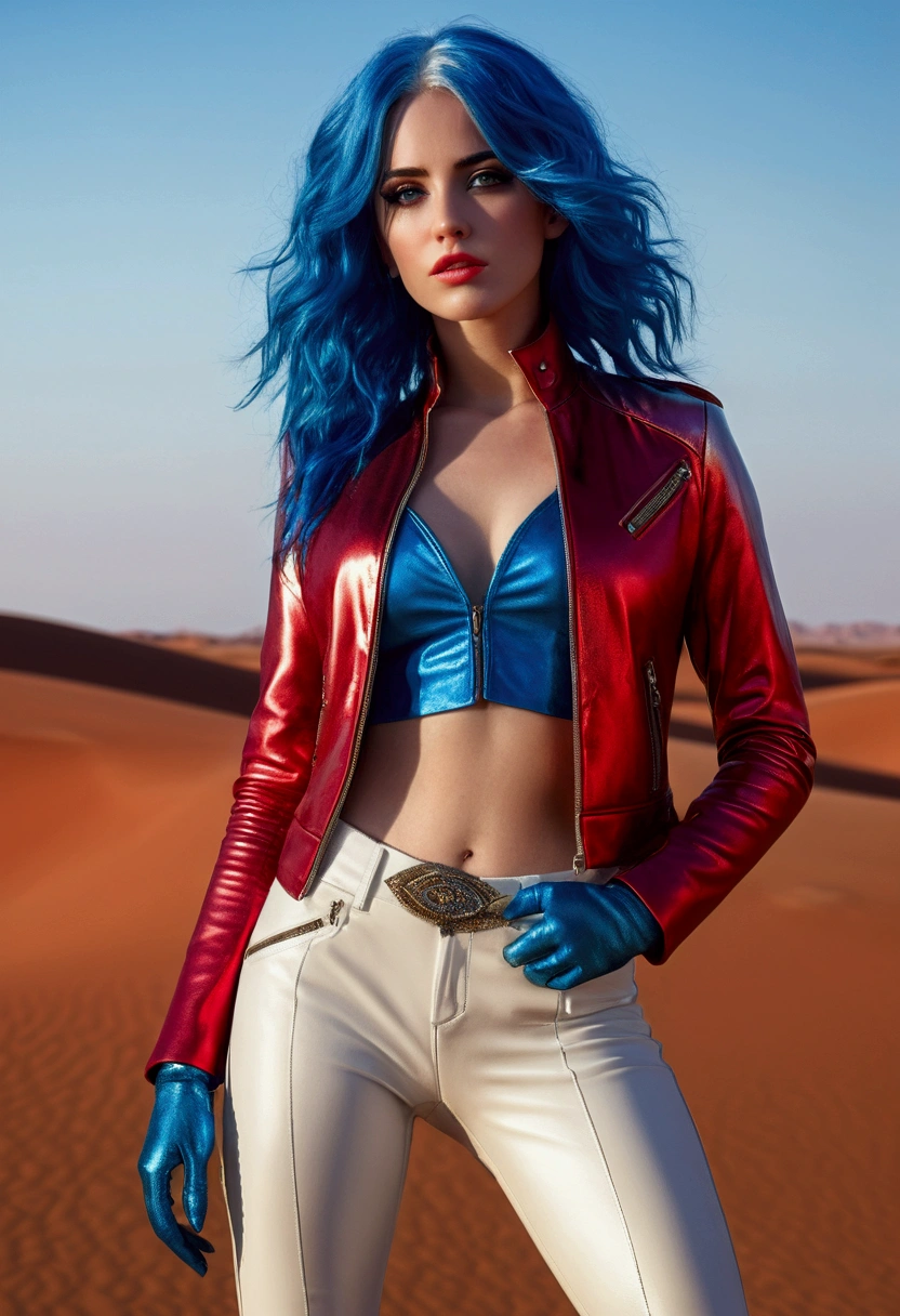 a beautiful young woman with blue hair, 1.75 meters tall, blue eyes, wearing a metallic red jacket, white leather pants, and boots, standing full body in a desert, seductive expression, beautiful detailed eyes, beautiful detailed lips, extremely detailed eyes and face, long eyelashes, photorealistic, 8k, highly detailed, masterpiece, cinematic lighting, dramatic color palette.