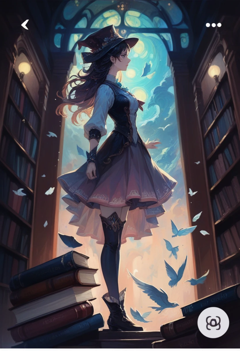 Woman standing in the middle of a library, It is flanked by two ceiling-high libraries., and it is framed by a door to a mystical sky. The woman takes a book from the library in front of her and if she is dressed, her appearance changes as if she were being transported to another world..
highly detailed CG Unity 8k wallpaper, style shot, complex, High detail, dramatic, highest quality movie still image, Very detailed, masterpiece, Best Quality