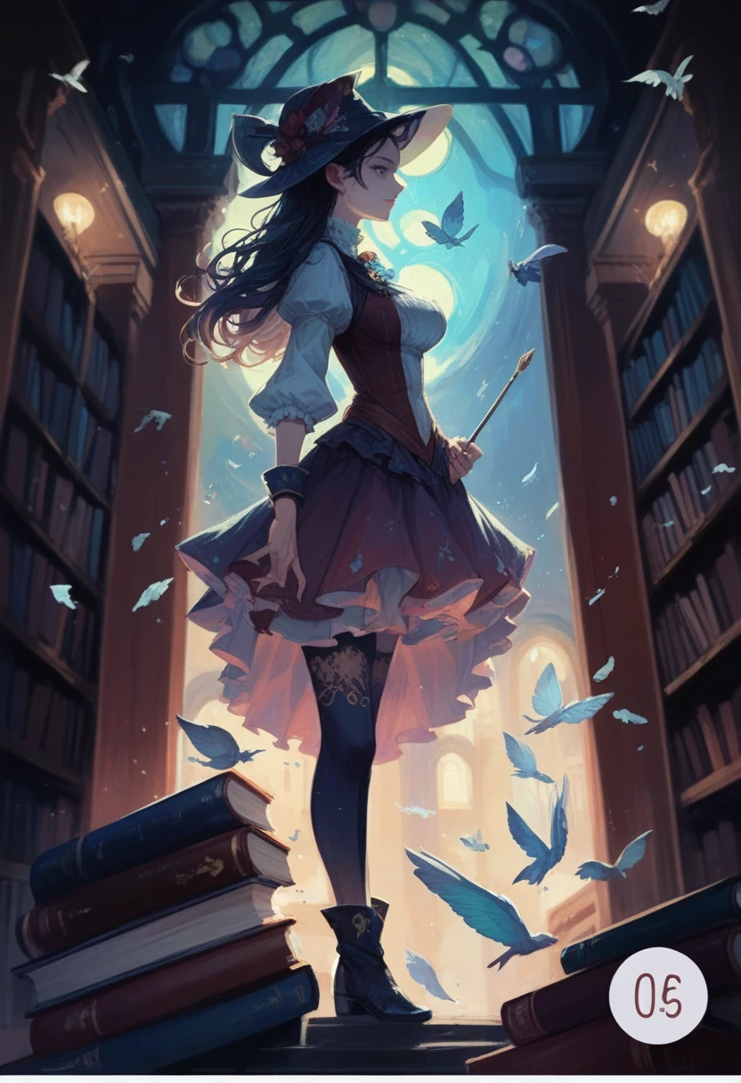 Woman standing in the middle of a library, It is flanked by two ceiling-high libraries., and it is framed by a door to a mystical sky. The woman takes a book from the library in front of her and if she is dressed, her appearance changes as if she were being transported to another world.. 

highly detailed CG Unity 8k wallpaper, style shot, complex, High detail, dramatic, highest quality movie still image, Very detailed, masterpiece, Best Quality