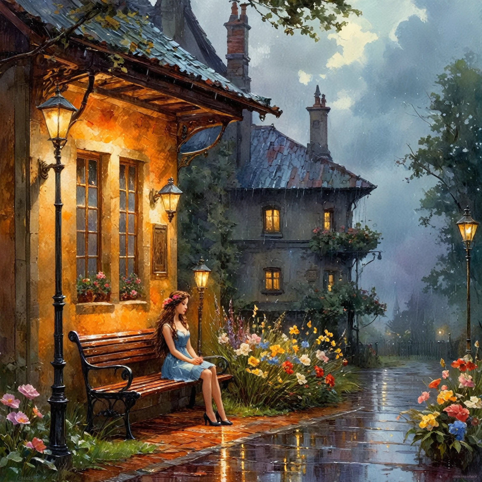 picture of a girl with flowers, sitting on a bench in the rain, near the house, In the evening, by Pablo Munoz Gomez, rainy evening, Thomas Kinkade, inspired by Vadim Kashin, и Мамфорд и Thomas Kinkade, inspired by Jakub Schikaneder, The entry is a couplet, El Bosco and Dan Mumford, Stefan Koidl inspired, Grzegorz Rutkowski, Jean-Baptiste Monge style, watercolor, ink. Picturesque and colorful.