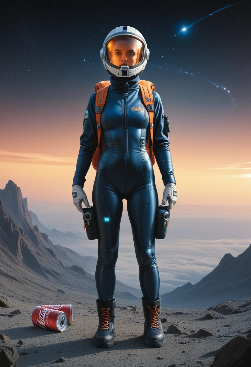 masterpiece, top quality, best quality, official art, beautiful,1 girl in pilotsuit full body ,symmetry, backpack, space, lunar, helmet, gloves, boots, cutout ????????, dark white, blue, orange, giant soda can future