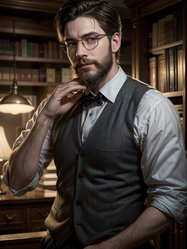 ((High quality)), ((work of art)), 8K, a charismatic librarian man with circular glasses and suspenders, sporting a well-groomed beard (barba), dark hair, and a warm smile, is the main focus of the image. In the background, an intriguing library alchemy scene is subtly hinted at, adding depth and mystery to the piece. The hyperrealistic style is enhanced by a cinematic plan and dynamic composition, making every detail incredibly sharp and defined. The perfectionism and award-winning realism are evident in the ambient lighting that softly illuminates the scene, providing a sense of depth and three-dimensionality.