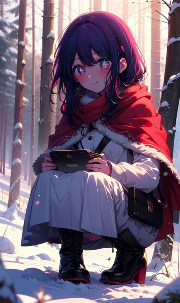 aihoshino, Ai Hoshino, Long Hair, bangs, (Purple eyes:1.1), Purple Hair, (Symbol-shaped pupil:1.5), smile,,smile,blush,white breath,
Open your mouth,snow,Ground bonfire, Outdoor, boots, snowing, From the side, wood, suitcase, Cape, Blurred, , forest, White handbag, nature, Squat, Mouth closed, Cape, winter, Written boundary depth, Black shoes, red Cape break looking at viewer, Upper Body, whole body, break Outdoor, forest, nature, break (masterpiece:1.2), Highest quality, High resolution, unity 8k wallpaper, (shape:0.8), (Beautiful and beautiful eyes:1.6), Highly detailed face, Perfect lighting, Highly detailed CG, (Perfect hands, Perfect Anatomy),