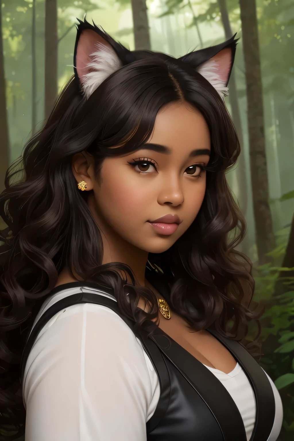 illustration semi-realistic of dark brown skin latina girl, 25 year old, plus size, curvy, overweight, black eyes, black curly hair, big lips, anime, sleek design, cat ears, brown skin, dark skin, sideswept hairstyle, round face, fantasy clothing, forest background, wearing fantasy outfit, chubby face, very curly hair, black hair, chubby cheeks, chubby face, brown skin,
