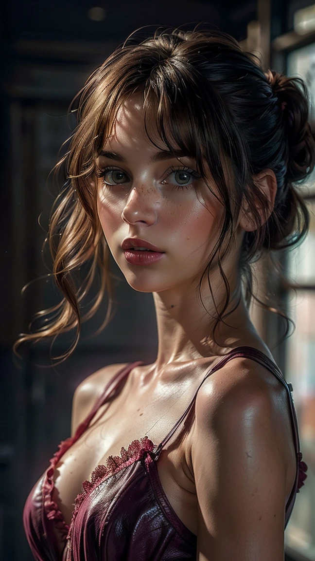 (((ultra realistic))) Photo, masterpiece, top quality, (Pale skin), (ultra detailed face and eyes:1.3), 1 girl, adult, in a dress, ((eye makeup, pink mascara)), ((detailed FAKE lips)), ((rosa wavy hair)), ((stylish hairstyle)) , (natural breasts), (Thin waist). ((Posing, hands on chest)), Photoshoot, (Suave) Turning on, (The game of lights and shadows), depth of field, hips, (Special attention to leather details.: 1.2), detailed skin texture, skin pores. (Erotic frame atmosphere.. Color range: violet, rosa, Tons), DR, ((granularity)), ((good heavens)), (Glare), ((Waist-length portrait)) , ultra detailed, back view, Look at camera