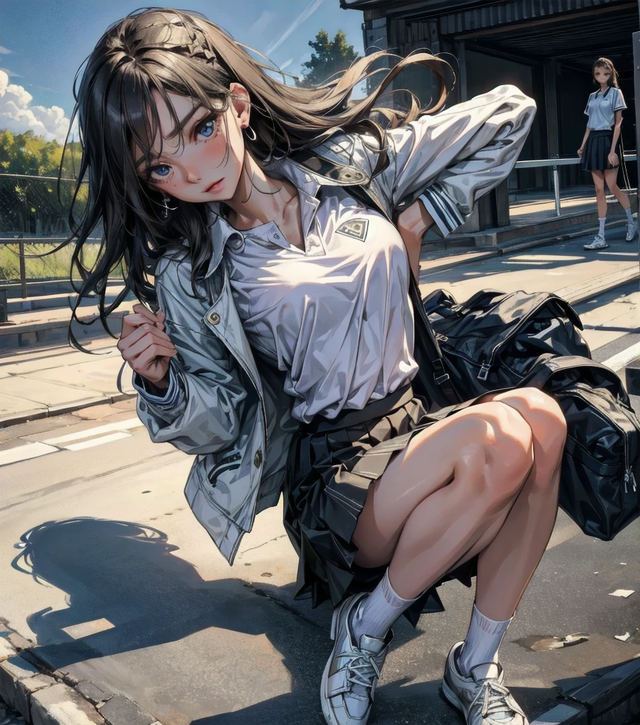 absurdres, RAW photo, extremely delicate and beautiful, masterpiece, Best Quality, ultra high resolution, 32k, hyperrealistic, ultra-detailed, Very detailed CG 8k wallpaper, detailed background, landscape, Beautiful Lighting, Perfect Lightning, Realistic Shadows, perfect anatomy, anatomically correct, ideal ratio body proportions, perfect figure, Perfect Style, Perfect balance, super Detailed skin, in her 30s, very Slim body, narrow waist, very small head, very small face, delicate facial features, handsome detailed woman, very detailed eyes and face, realistic face proportions, Realistic beautiful face, Realistic beautiful eyes, tearful mole, earring, whole body shot, very huge round tits, medium hair, asymmetrical hair, wavy hair, tennis uniform, shirt, skirt, socks, tennis shoes,