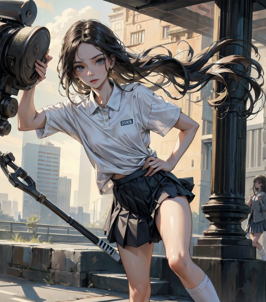 absurdres, RAW photo, extremely delicate and beautiful, masterpiece, Best Quality, ultra high resolution, 32k, hyperrealistic, ultra-detailed, Very detailed CG 8k wallpaper, detailed background, landscape, Beautiful Lighting, Perfect Lightning, Realistic Shadows, perfect anatomy, anatomically correct, ideal ratio body proportions, perfect figure, Perfect Style, Perfect balance, super Detailed skin, in her 30s, very Slim body, narrow waist, very small head, very small face, delicate facial features, handsome detailed woman, very detailed eyes and face, realistic face proportions, Realistic beautiful face, Realistic beautiful eyes, tearful mole, earring, whole body shot, very huge round tits, medium hair, asymmetrical hair, wavy hair, tennis uniform, shirt, skirt, socks, tennis shoes,