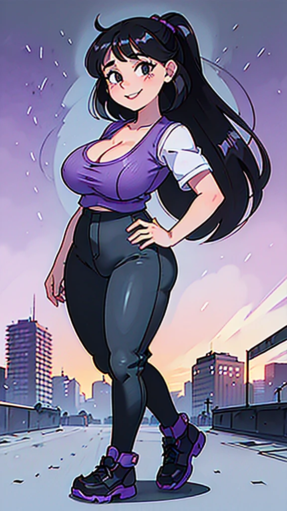 1990s, (masterpiece), high-definition, front view, detailed face, cute girl, perfect body, (big tits: 1.4) big hips, round ass, (black hair with dark purple highlights: 1.4), casual clothes, (happy face: 1.4), city street background, post apocalyptic, sunset