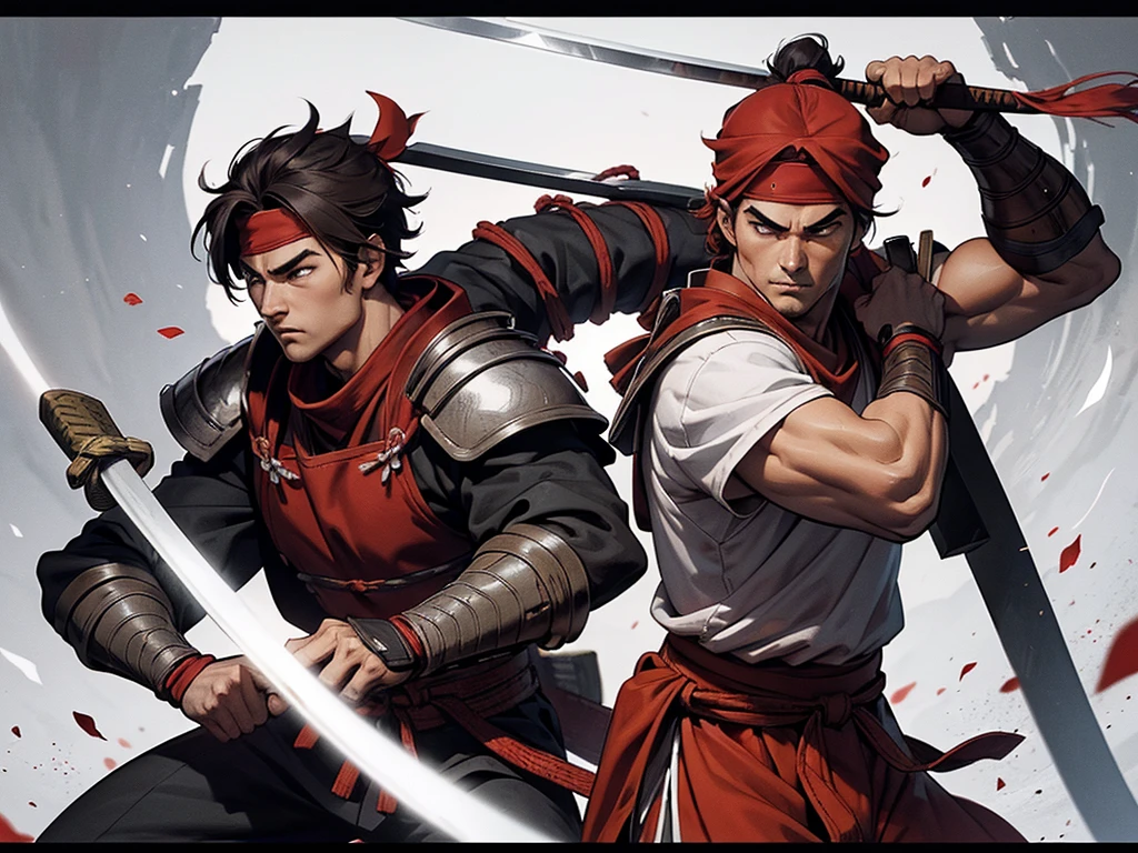 Txt2Img An agile and muscular samurai, with a red bandana on his head. He carries two katanas, one in each hand, and wears light armor. black and white manga style.