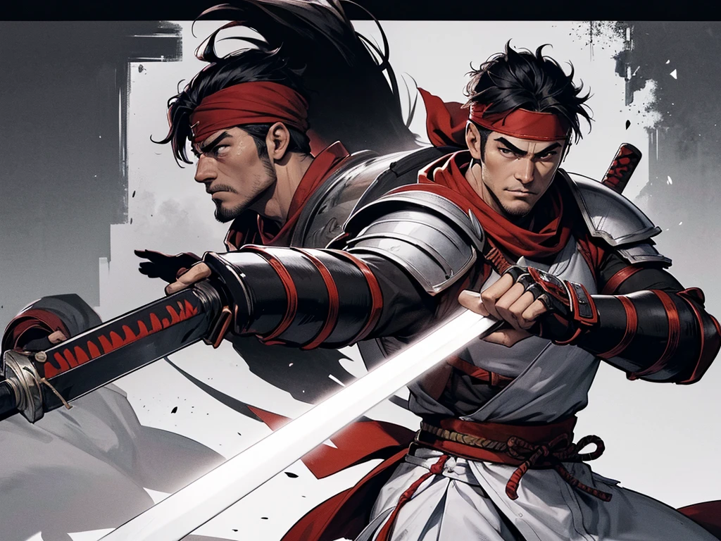 Txt2Img An agile and muscular samurai, with a red bandana on his head. He carries two katanas, one in each hand, and wears light armor. black and white manga style.