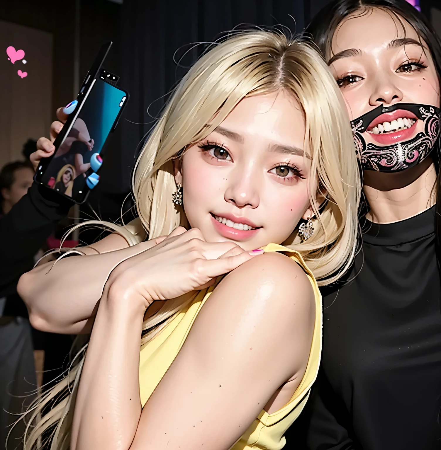 There is a girl who is taking a selfie with her phone., roseanne park by blackpink, jossi de blackpink, jennie pink black, White hairstyle with hime cut., with long white hair, lalisa manobal, Lalisa Manoban of Blackpink, your hair is white, The Hime Cut, with long white hair, with long blonde hair, shikami