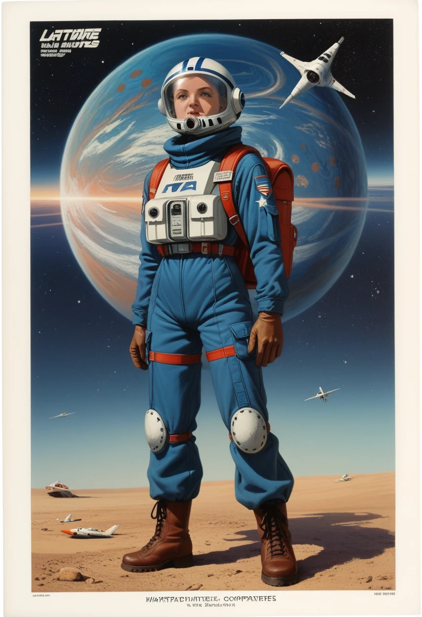 ALIEN movie, Star Ship Troopers movie, retro 80s poster, masterpiece, top quality, best quality, official art, beautiful,1 girl in pilotsuit full body ,symmetry, backpack, space, lunar, helmet, gloves, boots, cutout bodysuit, dark white, blue, orange, soda can