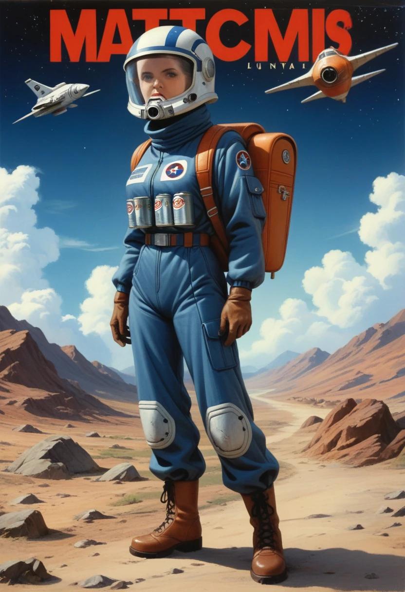 ALIEN movie, Star Ship Troopers movie, retro 80s poster, masterpiece, top quality, best quality, official art, beautiful,1 girl in pilotsuit full body ,symmetry, backpack, space, lunar, helmet, gloves, boots, cutout bodysuit, dark white, blue, orange, soda can