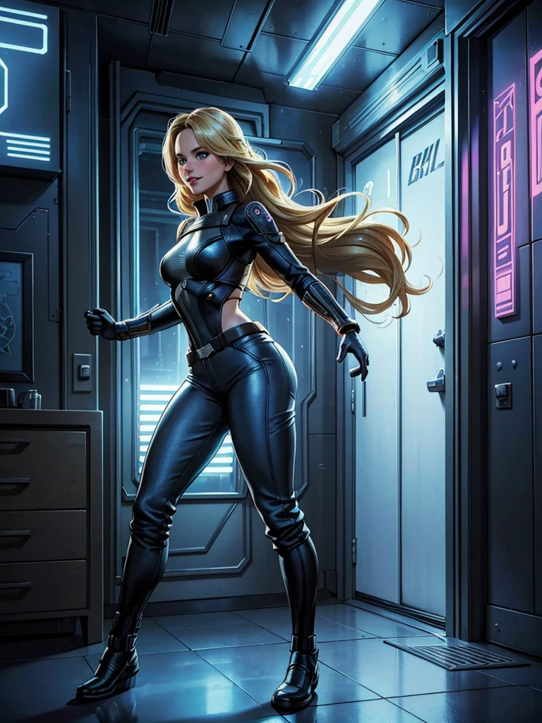 a comic storyboard,1girl,solo,jennifer lawrence,selena gomez,30-year-old blonde,long trousers,in a futuristic house,marvel comics style,full body portrait,hyperrealistic,ultra detailed,8k,best quality,photorealistic,dramatic lighting,vivid colors,dynamic pose,cinematic framing