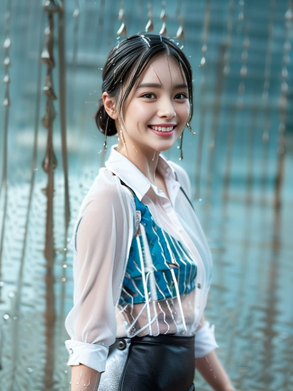 (a gorgeous lady, age 22, Formal OFFICE ATTIRE, WHITE SHIRT with BUTTONS, GREY PENCIL SKIRT, (rain 1:2), walking naturally under night sky, dimpled cheeks, kind smile, short ponytail, short bob hair, hair updo, cute snaggleteeth, ample round bosom, photorealistic, beautiful detailed face, beautiful detailed eyes, hyper-realism, high contrast, ultra HD, realistic skin textures, top image quality, top-quality, super high resolution, fine details, very meticulously, bokeh background, SFW)