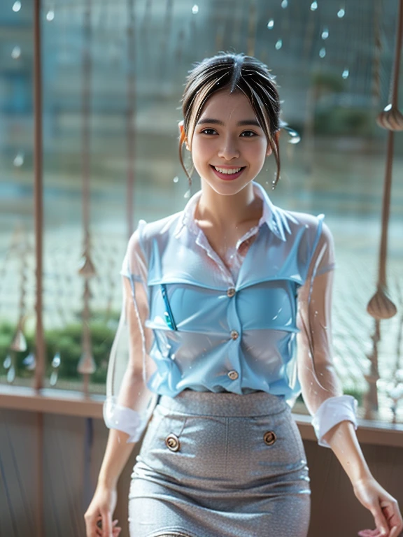 (a gorgeous lady, age 22, Formal OFFICE ATTIRE, WHITE SHIRT with BUTTONS, GREY PENCIL SKIRT, (rain 1:2), walking naturally under night sky, dimpled cheeks, kind smile, short ponytail, short bob hair, hair updo, cute snaggleteeth, ample round bosom, photorealistic, beautiful detailed face, beautiful detailed eyes, hyper-realism, high contrast, ultra HD, realistic skin textures, top image quality, top-quality, super high resolution, fine details, very meticulously, bokeh background, SFW)