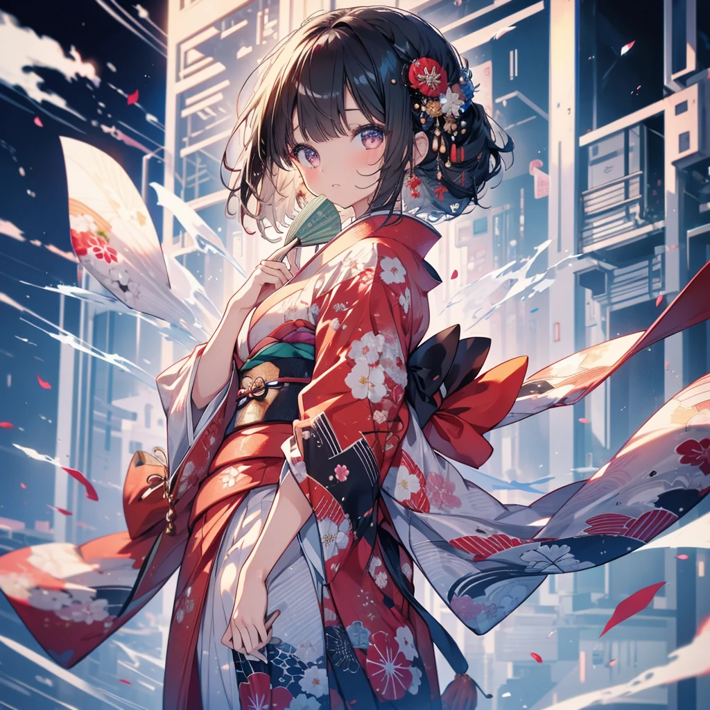 One Girl, Japanese, kimono, Hold a fan, good, Beautiful poop, delicate, cute, Black-haired, Narrow eyes, ((Head to waist)), masterpiece, Highest quality, Ultra HD
